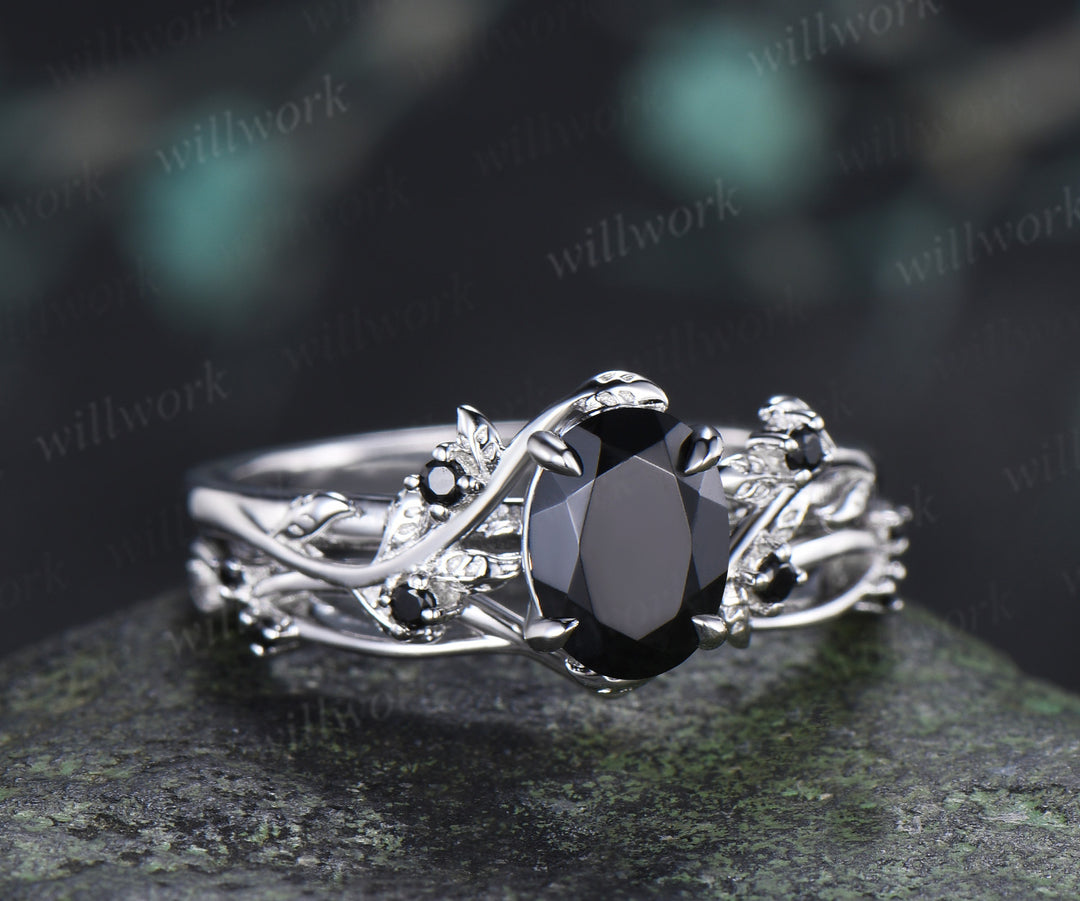 Nature Inspired Oval Cut Black Onyx Engagement Ring Set Leaf Vine Black Diamond Accent Promise Ring Curved Matching Band Unique Bridal Set