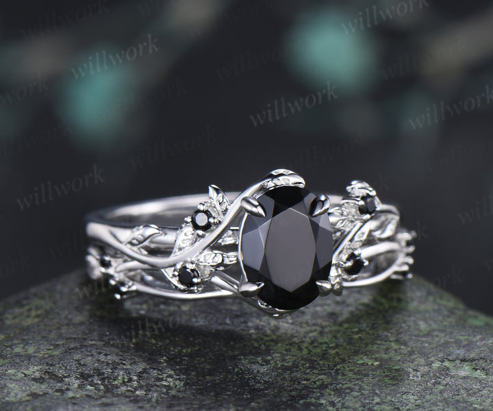 Nature Inspired Oval Cut Black Onyx Engagement Ring Set Leaf Vine Black Diamond Accent Promise Ring Curved Matching Band Unique Bridal Set