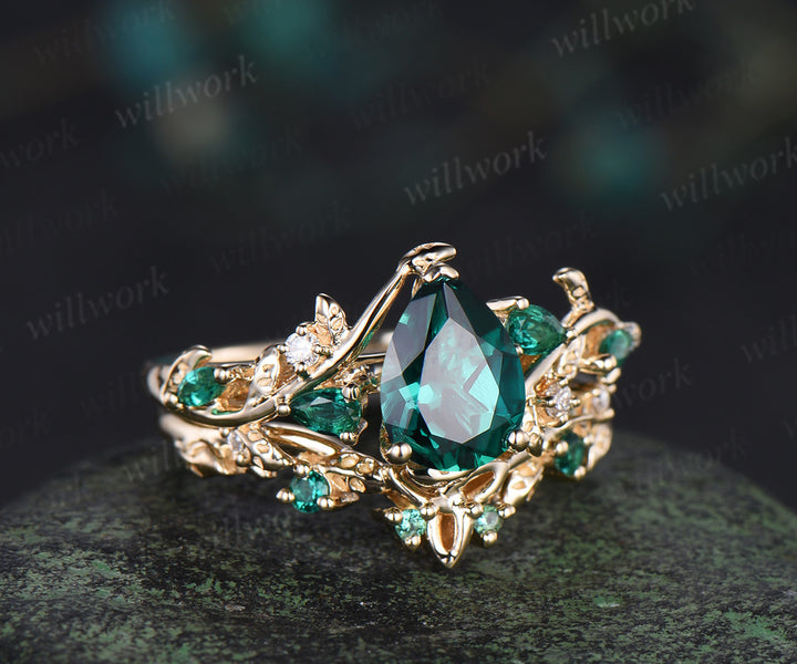 Vintage pear cut emerald engagement ring set pear emerald leaf twig ring celtic knot leaf wedding band unique bridal set