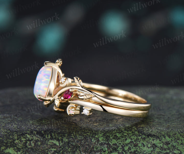 Vintage Teardrop Opal Engagement Ring Set Art Deco Moon Marquise Ruby Leaf Vine Ring Moissanite Band Nature Inspired Bridal Set