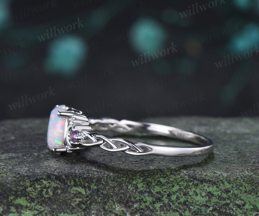 Oval White Opal Amethyst Moon Ring Twisted Weave Half Eternity Band Vintage Opal Wedding Ring Gift for Women