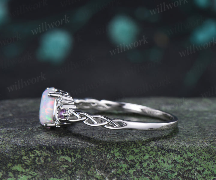 Oval White Opal Amethyst Moon Ring Twisted Weave Half Eternity Band Vintage Opal Wedding Ring Gift for Women