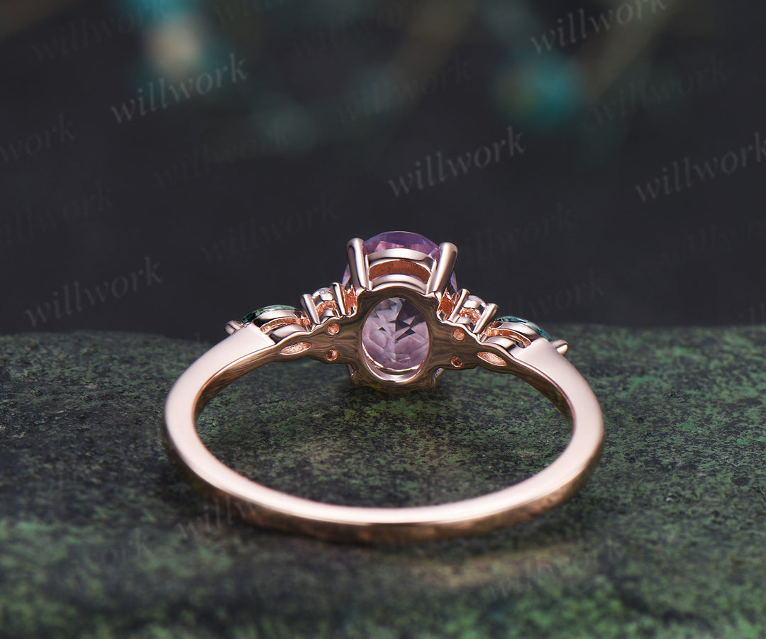 Oval cut Lavender amethyst ring romantic purple crystal engagement ring marquise moss agate moissanite seven stone wedding ring