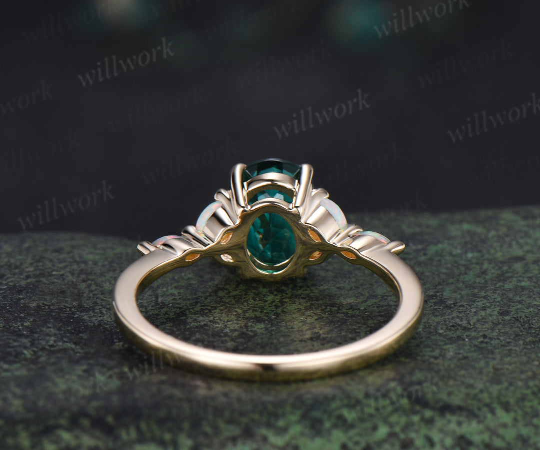 Oval cut emerald engagement ring marquise opals classic seven stone promise ring unique cluster bridal ring