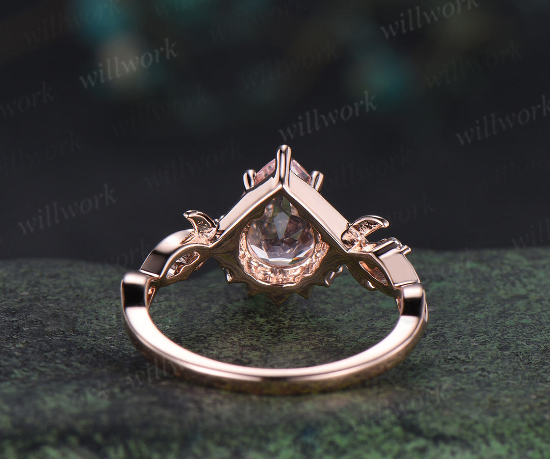Pear shaped natural pink morganite engagemet ring art deco diamond leaf twig split shank ring soild rose gold bridal ring
