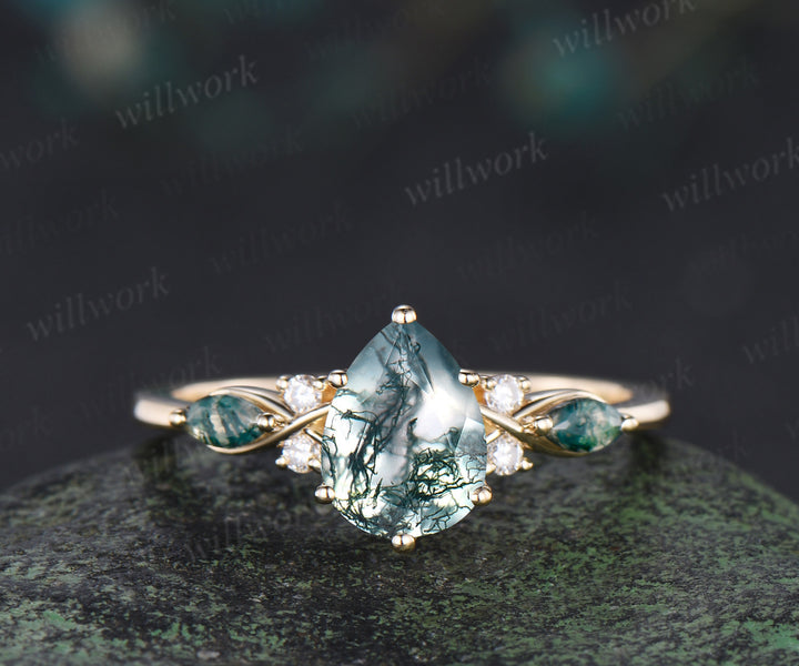 Nature inspired pear moss agate ring set marquise moss agate seven stone ring art deco emerald moissanites wedding band unique bridal set