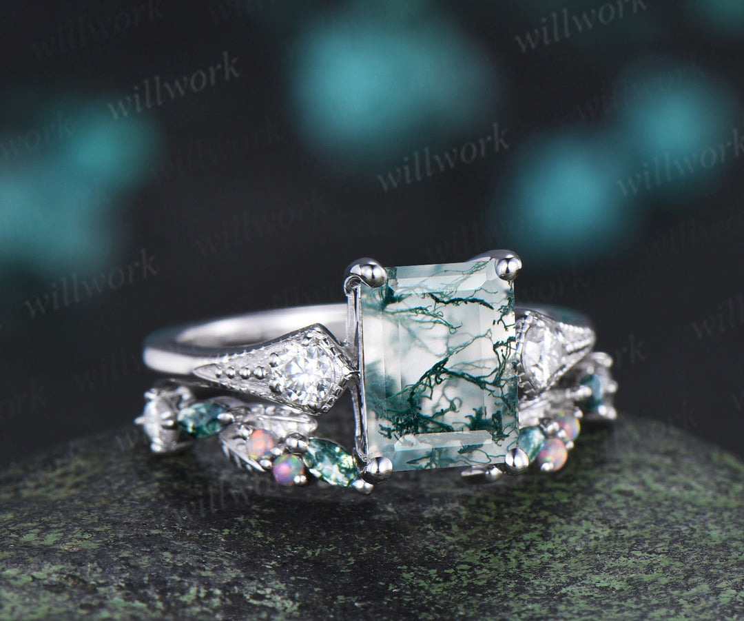 Emerald cut moss agate ring set milgrain moissanite three stone ring moss agate leaf open gap wedding band bridal set