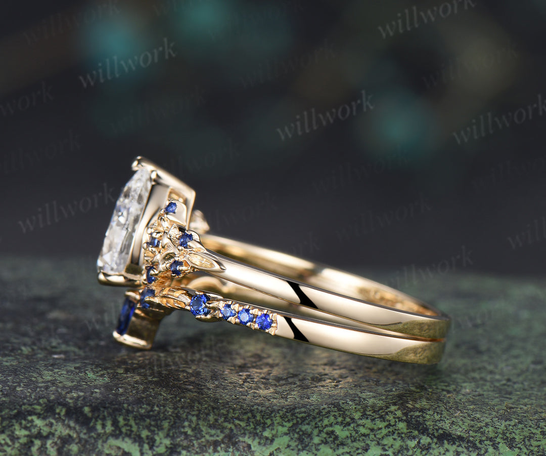 Vintage Pear IGI Lab Grown Diamond Engagement Ring Set Leaf Froral Blue Sapphire Accent Ring Nature Inspired Bridal Set
