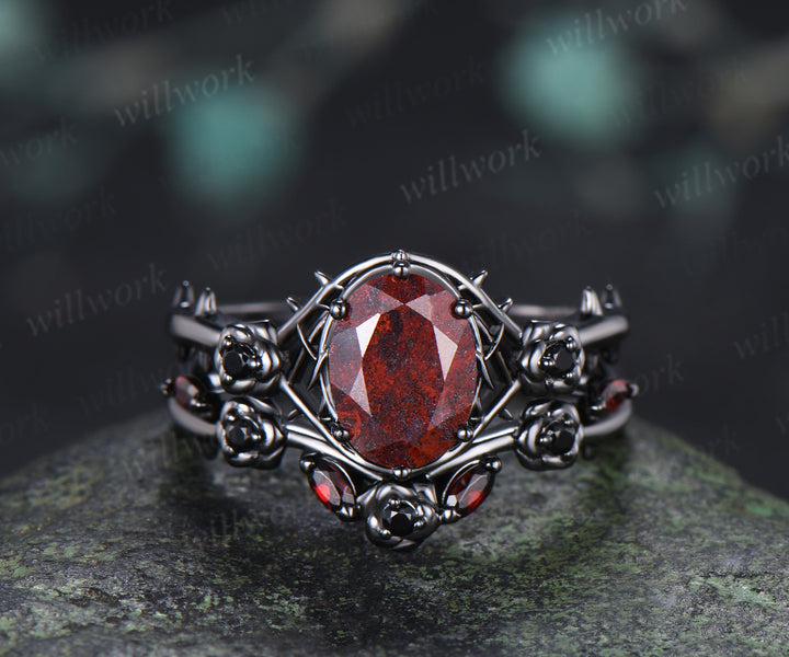 Gothic Oval Bloodstone Engagement Ring Set Black Gold Rose Thorn Ring Black Spinel & Garnet Accent Matching Wedding Band Unique Bridal Set