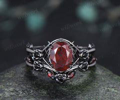 Gothic Oval Bloodstone Engagement Ring Set Black Gold Rose Thorn Ring Black Spinel & Garnet Accent Matching Wedding Band Unique Bridal Set