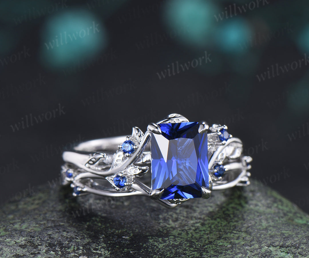 Radianit Cut Sapphire Twig Leaf Ring Set & Round Sapphire Black Spinel Men Wedding Ring Couple Ring Set