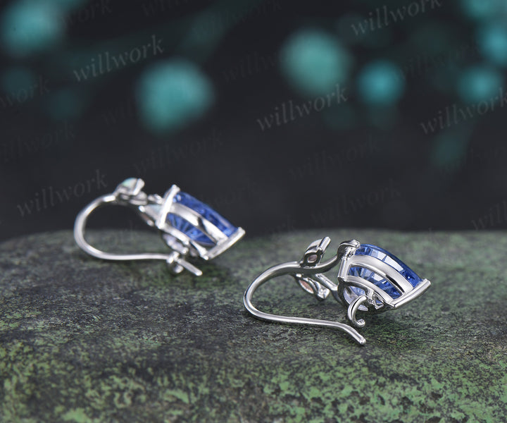 Pear Shaped Fireworks Cut Cornflower Blue Sapphire Hook Earrings Leaf Vine Opal Accent Earrings Gifts for Her
