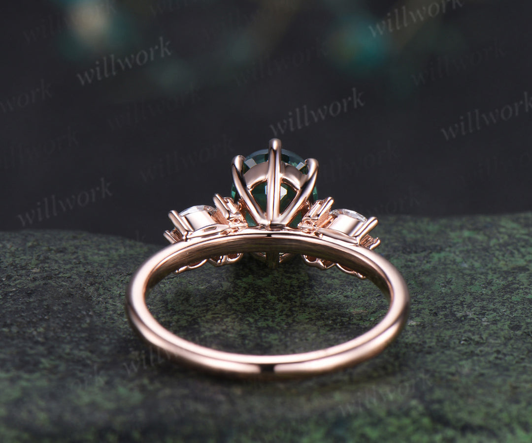 Oval cut green sapphire engagement ring moissanites diamonds cluster promise ring unique bridal ring