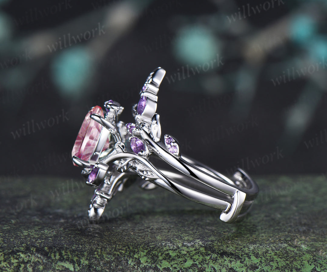 Oval Fantasy Cut Padparadscha Leaf Vine Engagement Ring Amethyst Enhancer Wrap Band Nature Inspired Pink Sapphire Bridal Set