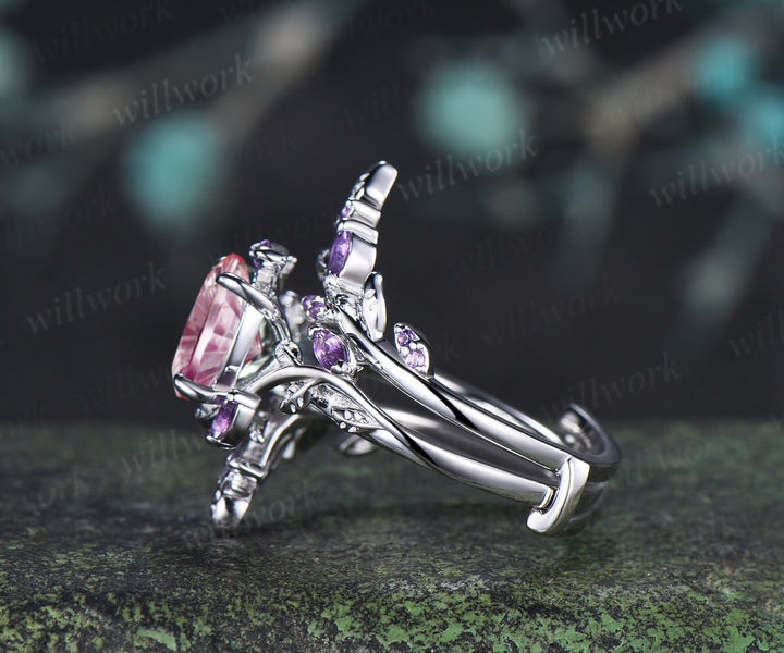 Oval Fantasy Cut Padparadscha Leaf Vine Engagement Ring Amethyst Enhancer Wrap Band Nature Inspired Pink Sapphire Bridal Set
