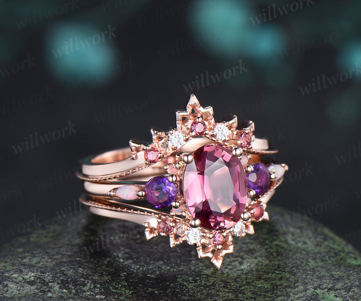 Oval Natural Pink Tourmaline Engagement Ring Set Five Stone Amethyst Opal Art Deco Moissanite Enhancer Band Bridal Set