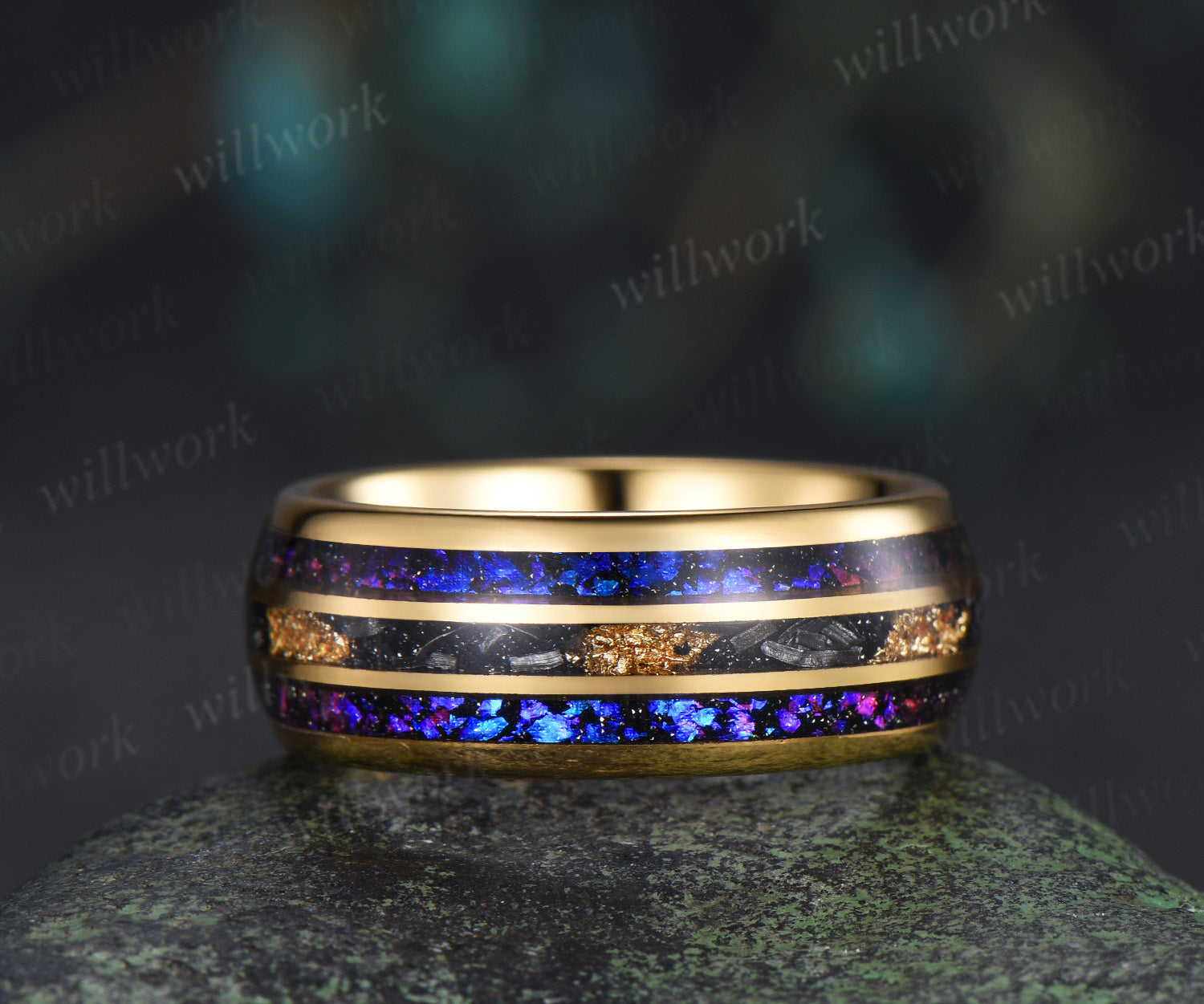 Nature Inspired Pear Sapphire Leaf Twig Ring Set & Tungsten Galaxy