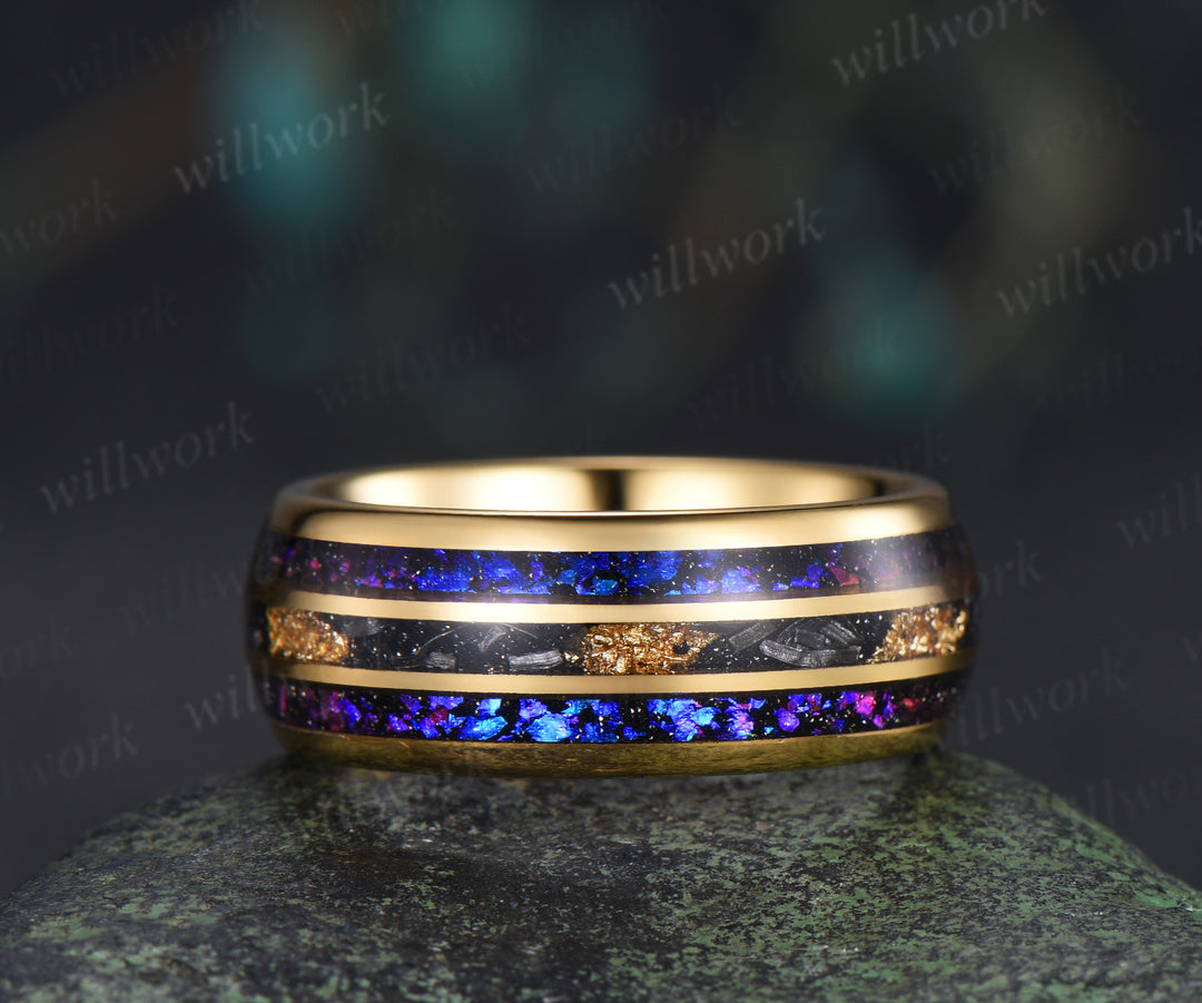 Nature Inspired Pear Sapphire Leaf Twig Ring Set & Tungsten Galaxy Nebula Men Blue Sandstone Band Couple Ring Set