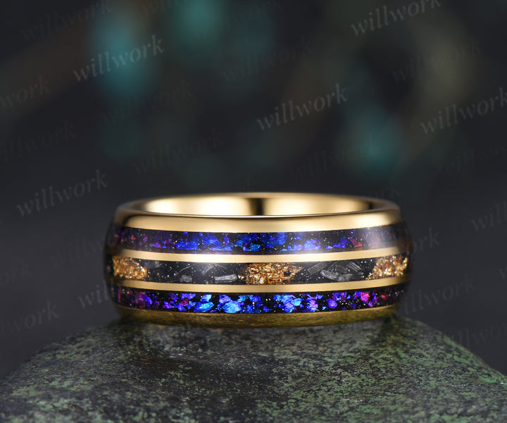 Nature Inspired Pear Sapphire Leaf Twig Ring Set & Tungsten Galaxy Nebula Men Blue Sandstone Band Couple Ring Set
