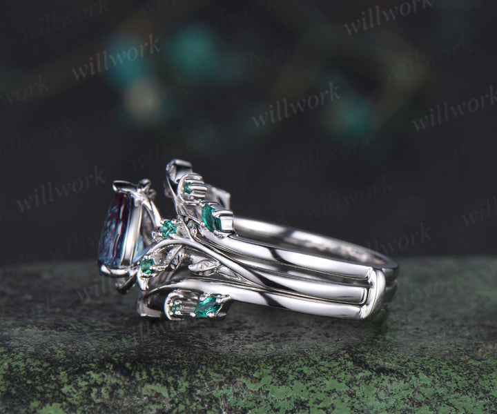 Vintage pear alexandrite engagement ring set leaf twig art deco emerald ring double layer emerald enhancer band unique brial set
