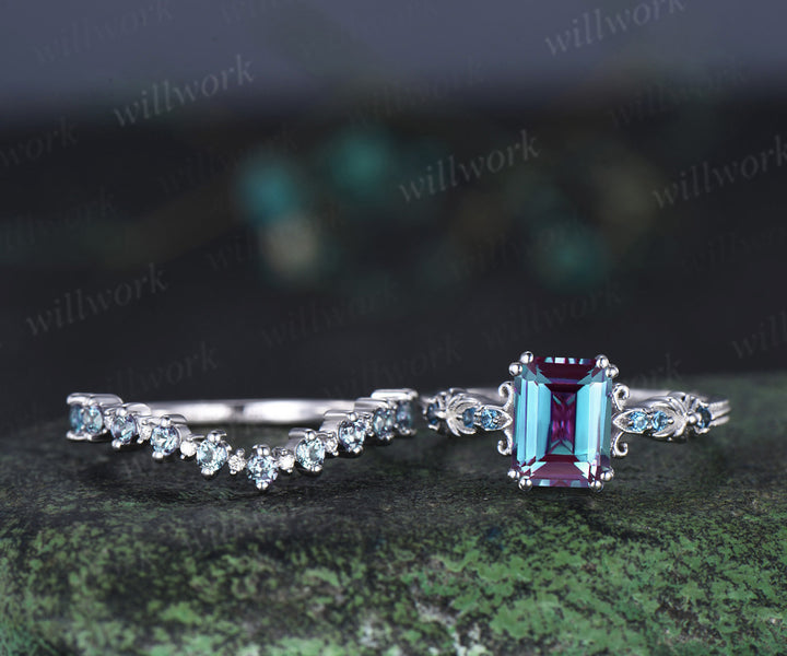 Vintage emerald cut alexandrite engagement ring set filigree art deco blue topaz ring half eternity alexandrite wedding band June birthstone jewelry gifts