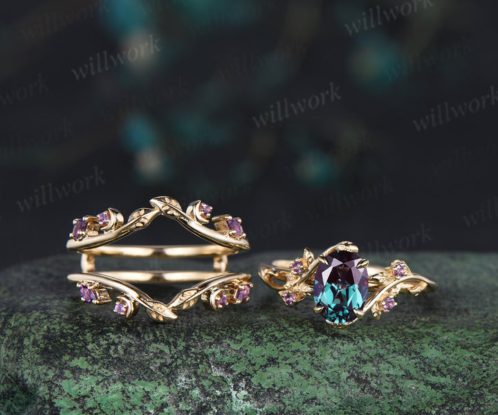 Oval alexandrite engagement ring set leaf twig amethysts ring double layer enhancer wraps band unique brial set