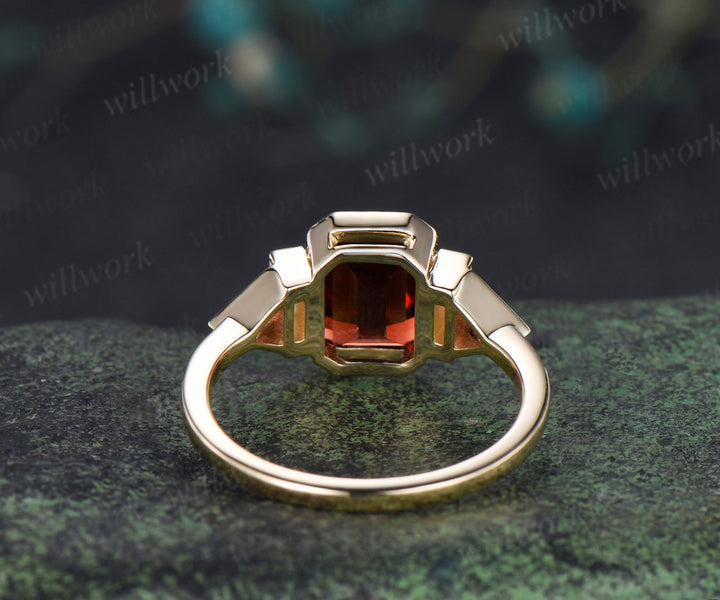 Bezel emerald cut garnet engagement ring baguette opal trilliant garnet ring unique five stones ring for women gifts for her
