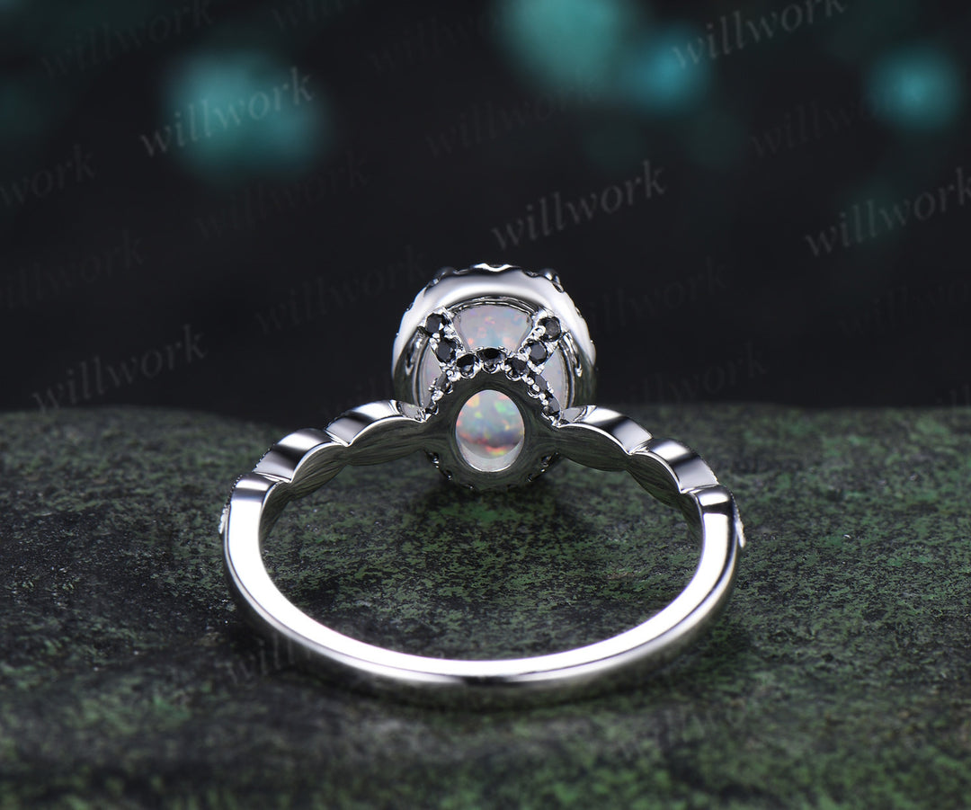 Oval white opal engagement ring vintage black diamond halo half eternity band promise ring