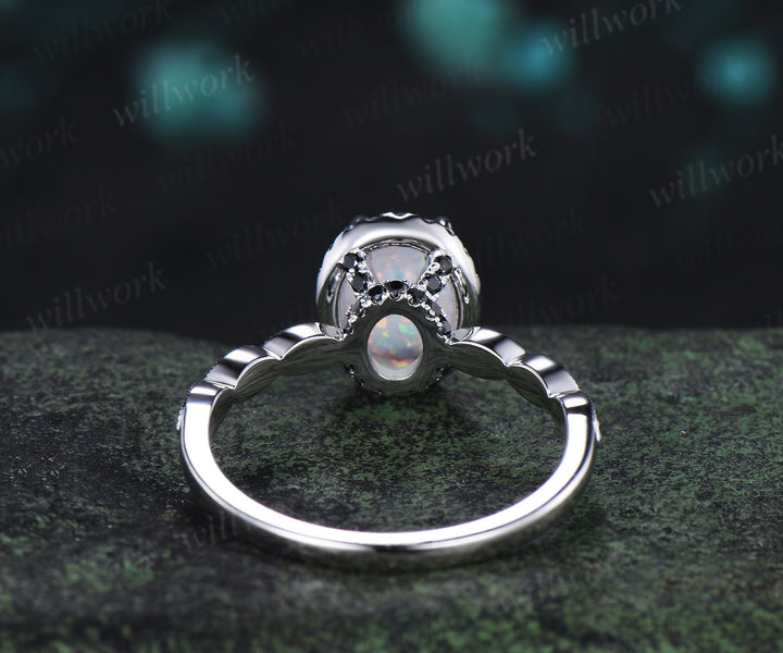Oval white opal engagement ring vintage black diamond halo half eternity band promise ring