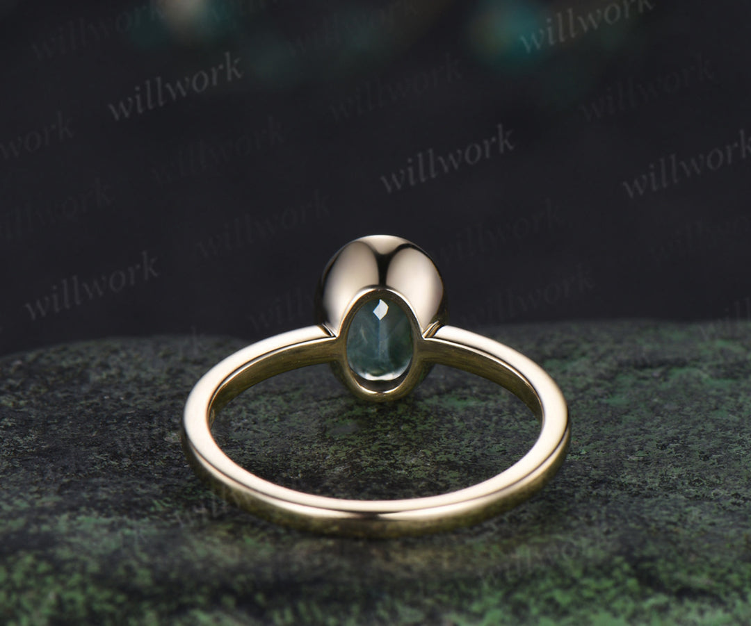 Oval cut natural moss agate engagement ring unique solitaire moss agate bezel ring solid 10k/14k/18k yellow gold ring for women