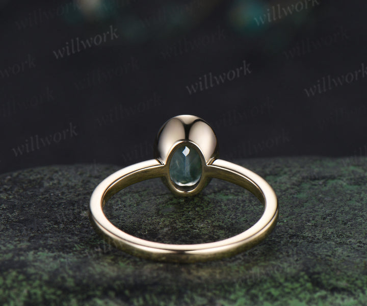 Oval cut natural moss agate engagement ring unique solitaire moss agate bezel ring solid 10k/14k/18k yellow gold ring for women