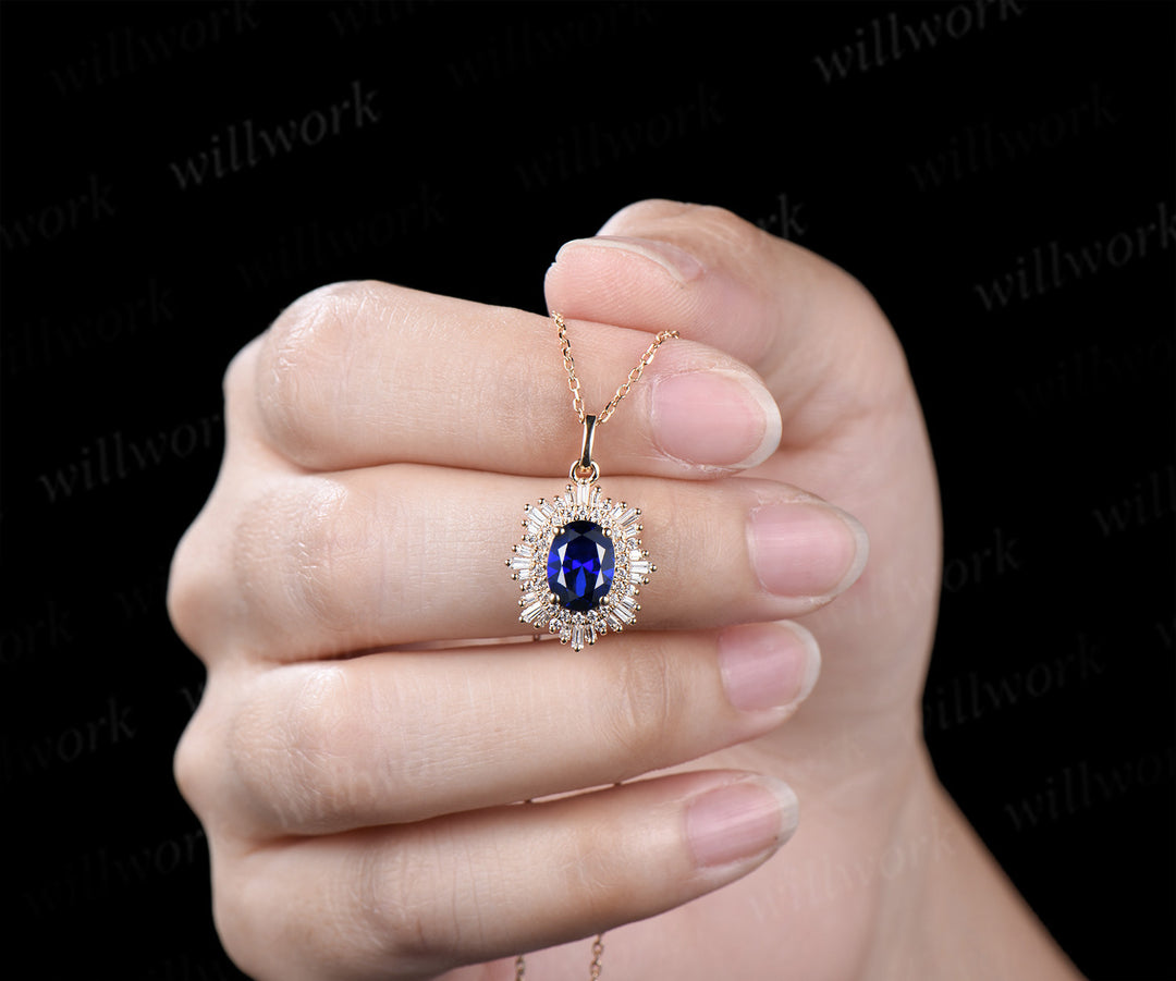 Oval blue sapphire necklace unique double halo diamond pendant necklace antique solid 14k 18k yellow gold necklace for women