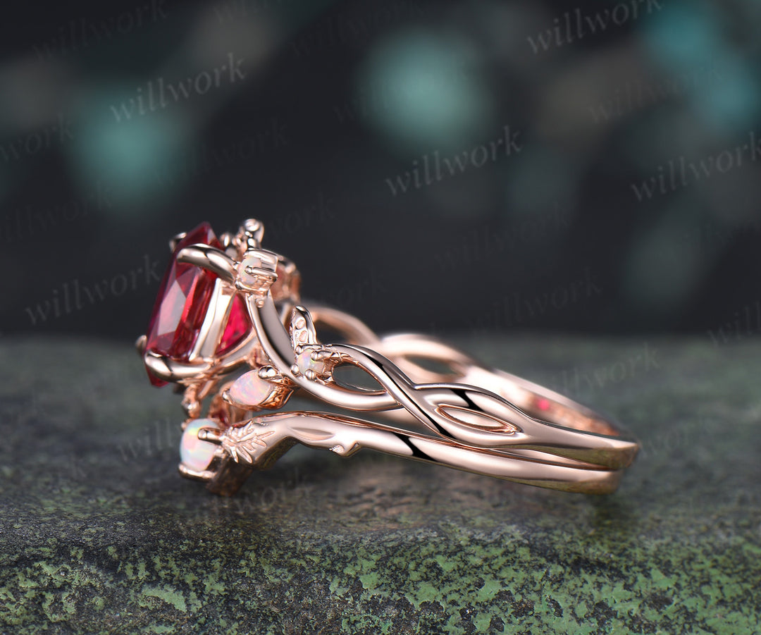 Oval Cut Ruby Split Shank Engagement Ring Set  Marquise Opal Leaf Vine Infinity Ring Matching Stacking Ring Bridal Set