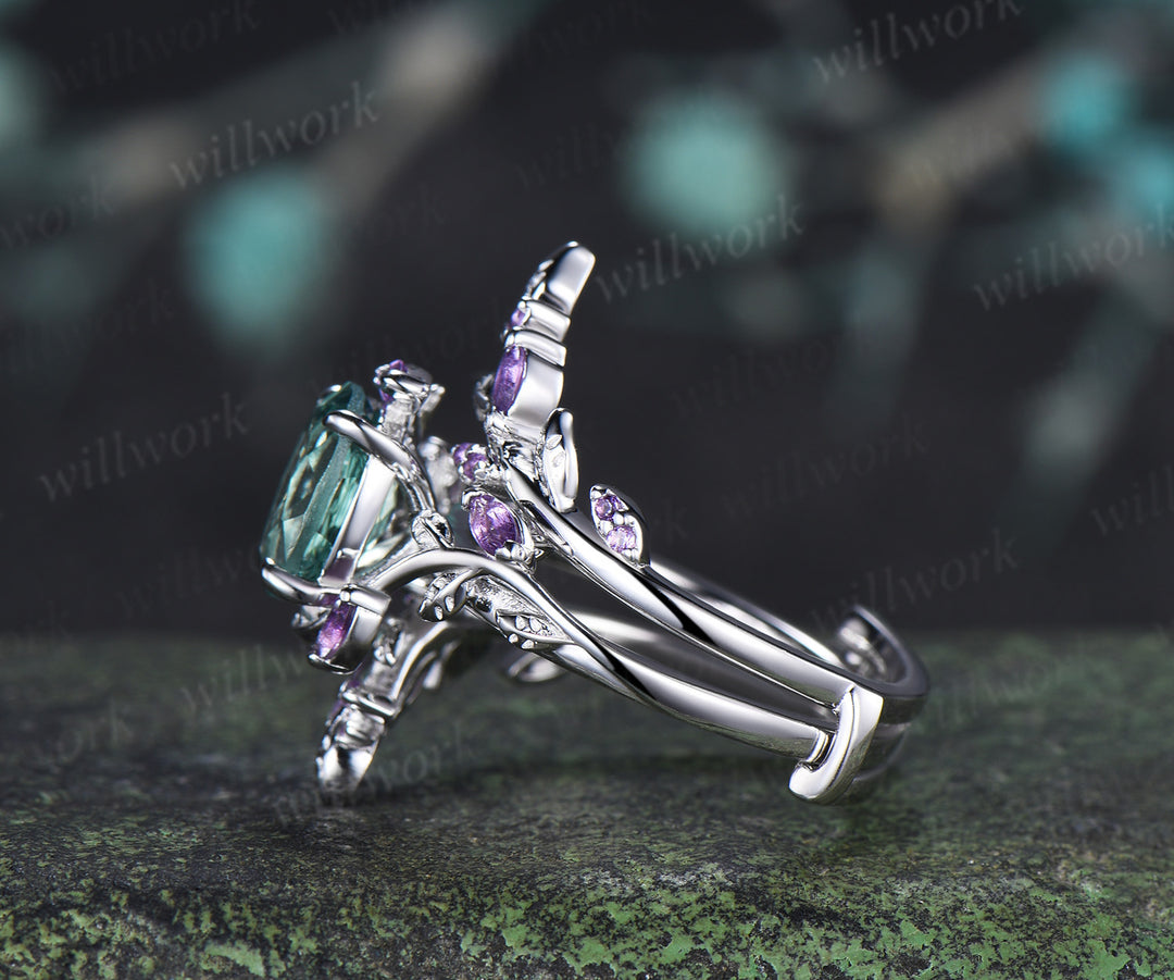 Oval Cut Green Sapphire Leaf Vine Engagement Ring Amethyst Enhancer Wrap Band Nature Inspired Bridal Set