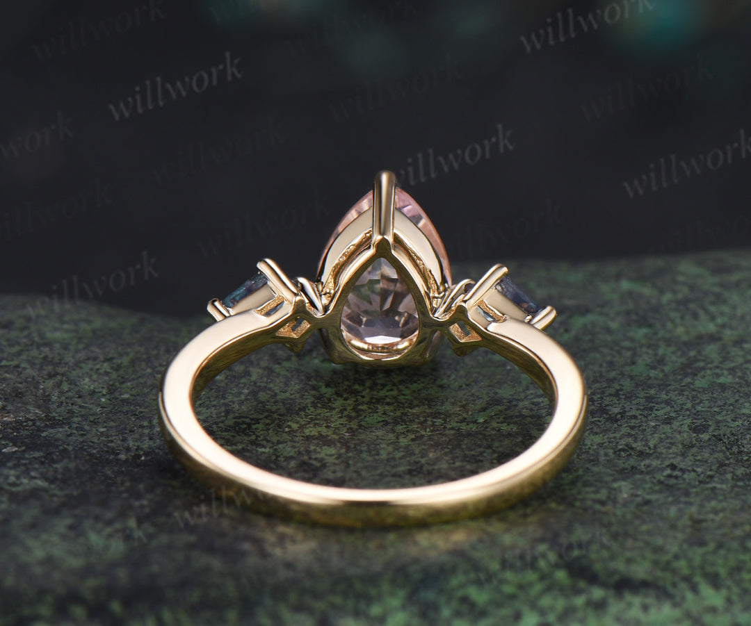 Nature pear pink morganite engagement ring minimalistic three stone unique kite cut alexandrite ring anniversary ring for women
