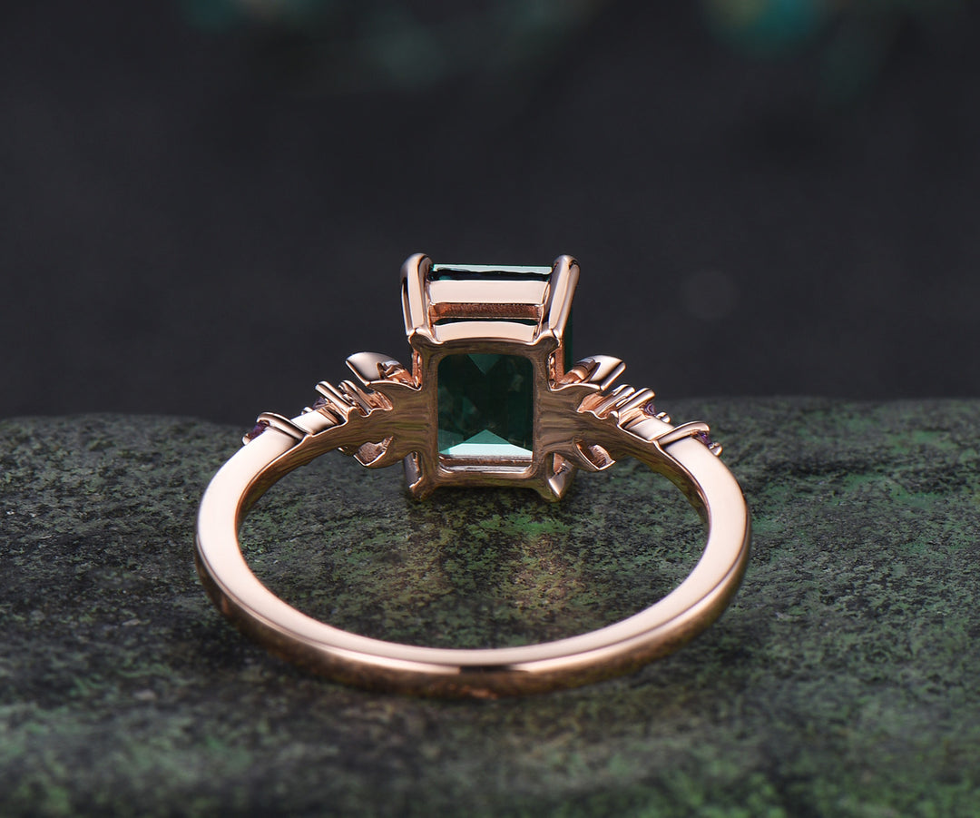 Emerald cut green emerald ring five stone amethyst moon promise ring 14k rose gold May birtstone jewelry