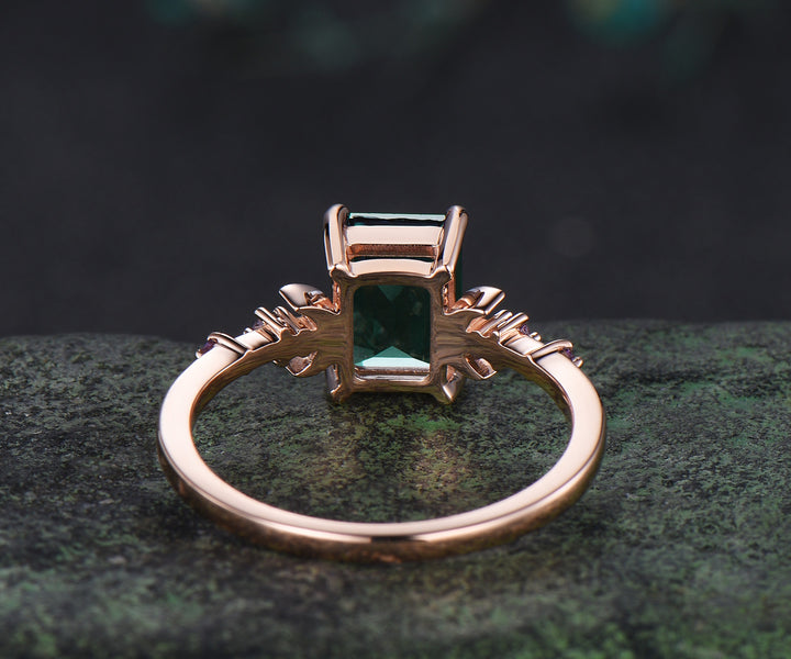 Emerald cut green emerald ring five stone amethyst moon promise ring 14k rose gold May birtstone jewelry
