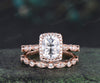6x8mm cushion cut moissanite engagement ring set rose gold unique halo milgrain ring art deco diamonds half eternity wedding band antique bridal set