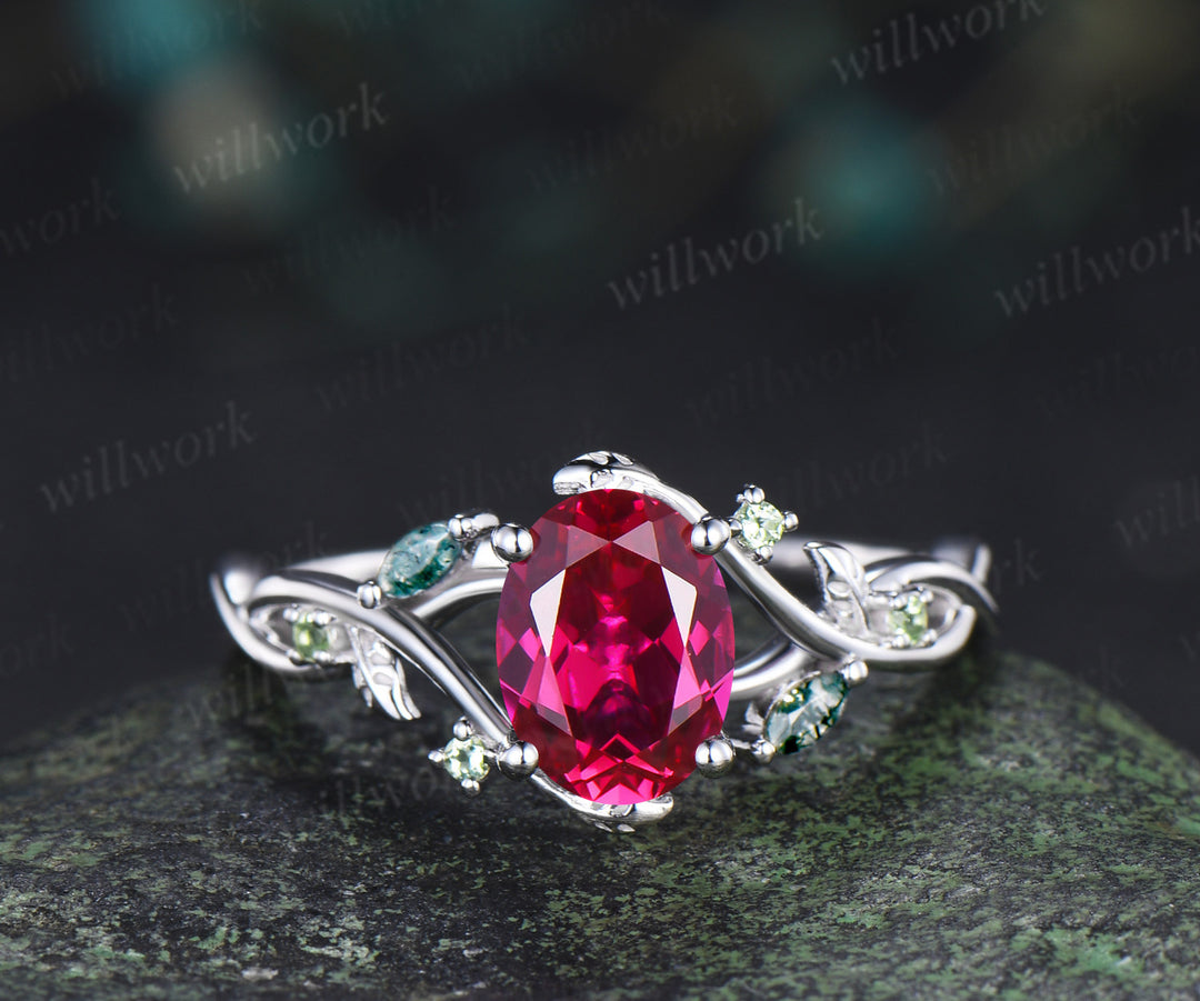 Oval cut ruby engagement ring set split shank marquise moss agate leaf infinity ring peridot vines wedding band