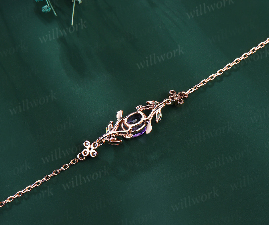 Dainty oval cut amethyst marquise opal leaf bracelet moissanites clover adjustable bracelet Februarly birthstone jewelry
