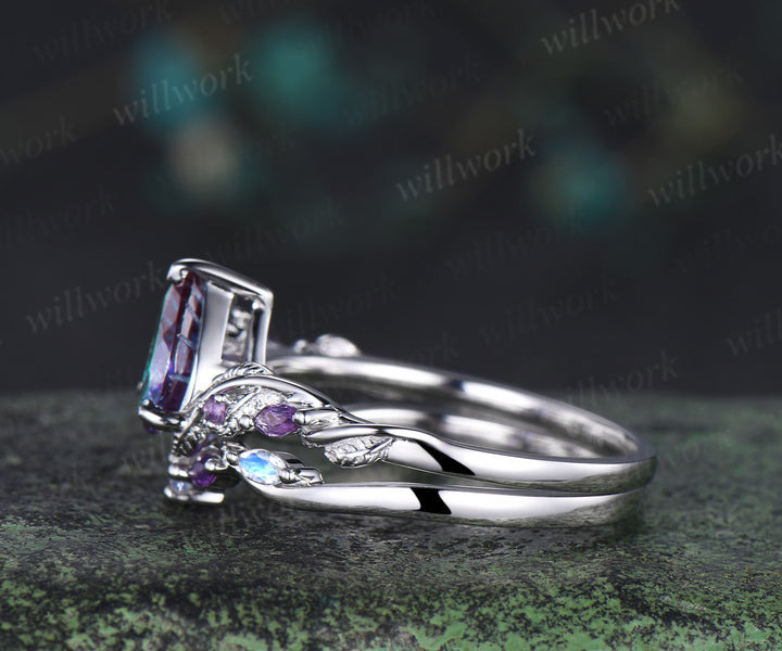 Fireworks cut Alexandrite ring white gold nature inspired bridal ring set leaf amethyst moonstone band gifts for her