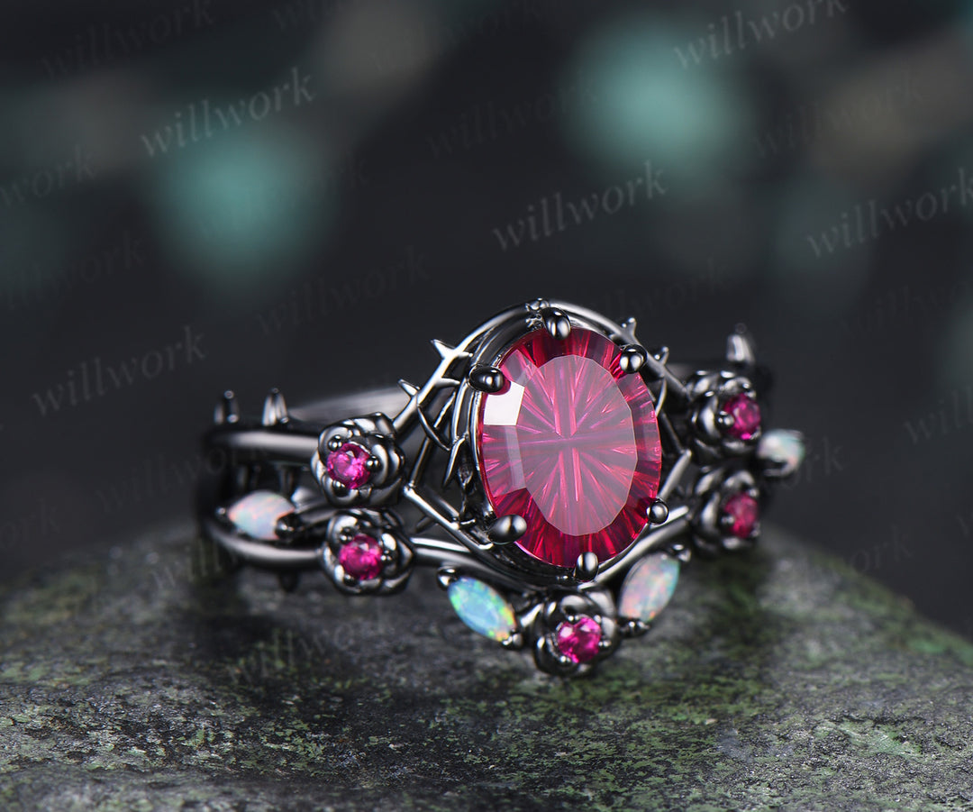 Gothic Oval Fantasy Cut Ruby Engagement Ring Set Black Gold Rose Thorn Ring Opal & Ruby Accent Matching Wedding Band Unique Bridal Set