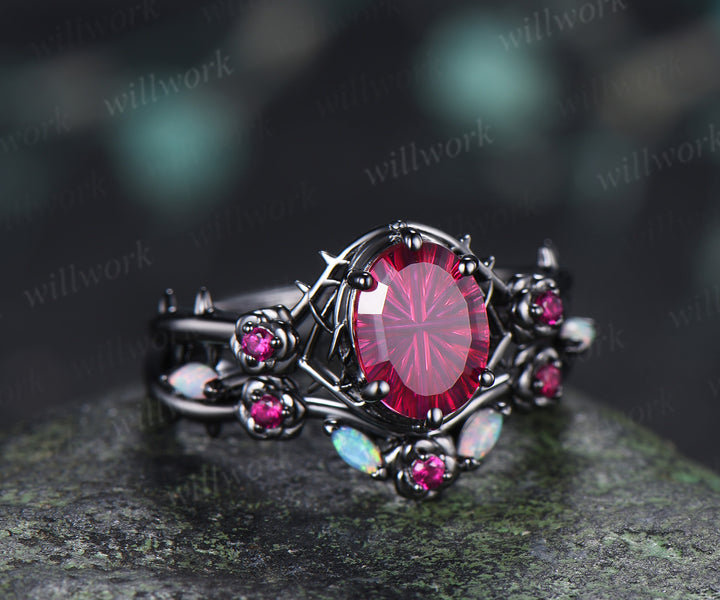 Gothic Oval Fantasy Cut Ruby Engagement Ring Set Black Gold Rose Thorn Ring Opal & Ruby Accent Matching Wedding Band Unique Bridal Set