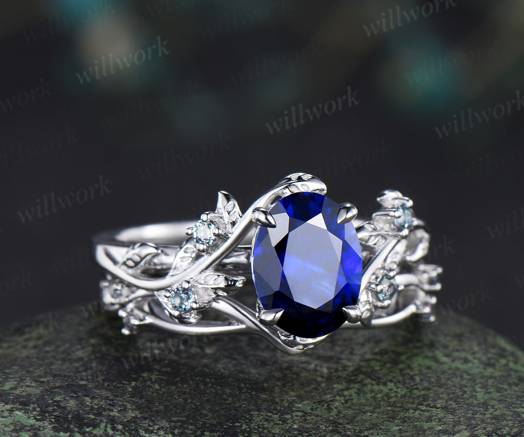Art Deco Oval Sapphire Engagement Ring Sest Leaf Twig Branch Ring Alexandrite Split Shank Wedding Band Unique 2pc Nature Inspired Bridal Set