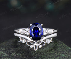 Oval cut blue sapphire engagement ring set seven stone moissanite ring vintage moon women Celtic knot wedding bridal set