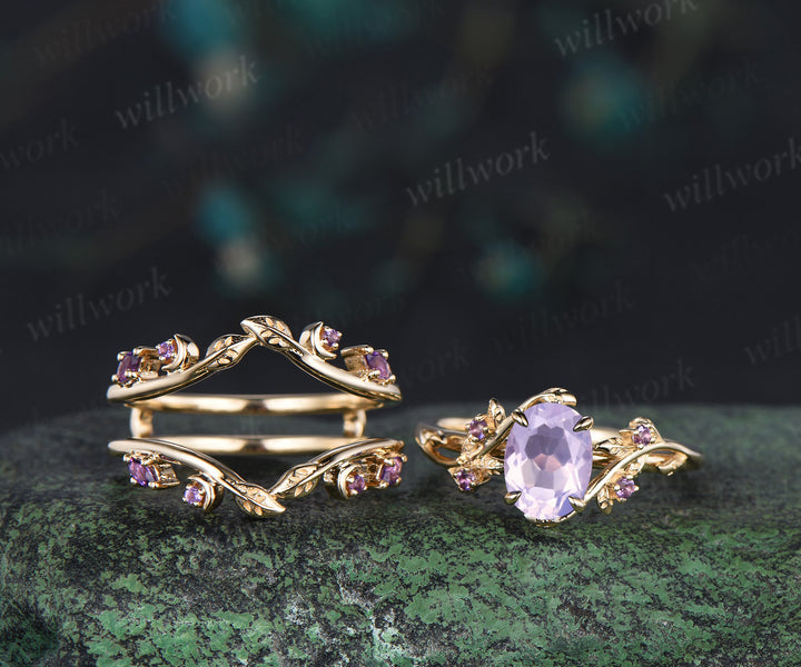 Oval lavender amethyst engagement ring set leaf twig amethysts ring marquise amethyst moon enhancer wraps unique bridal set