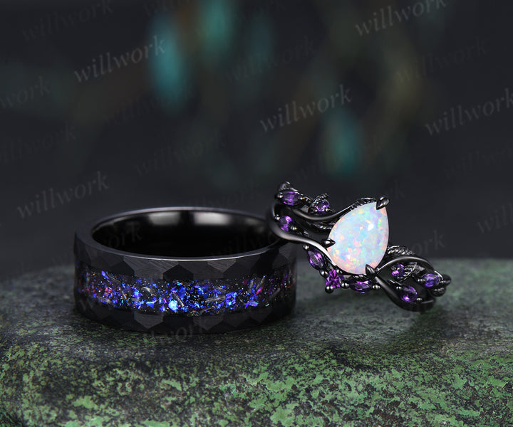 Leaf Pear Opal Amethyst Engagement Ring Set & Tungsten Galaxy Nebula Mens Band Unique Couple Ring Set