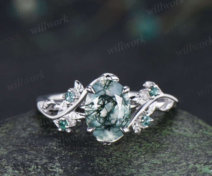 Nature inspired oval moss agate ring set leaf twig engagement ring dainty infinity emerald wedding band
