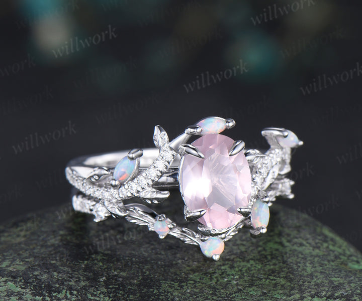 Vintage oval cut rose quartz engagement ring set leaf nature inspired opal moissanite bridal ring matching wedding band gifts for her