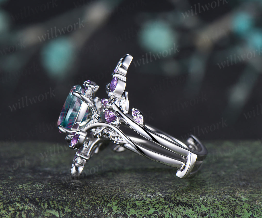 Oval Fantasy Cut Alexandrite Leaf Vine Engagement Ring Amethyst Twig Enhancer Band Nature Inspired Alexandirte Bridal Set